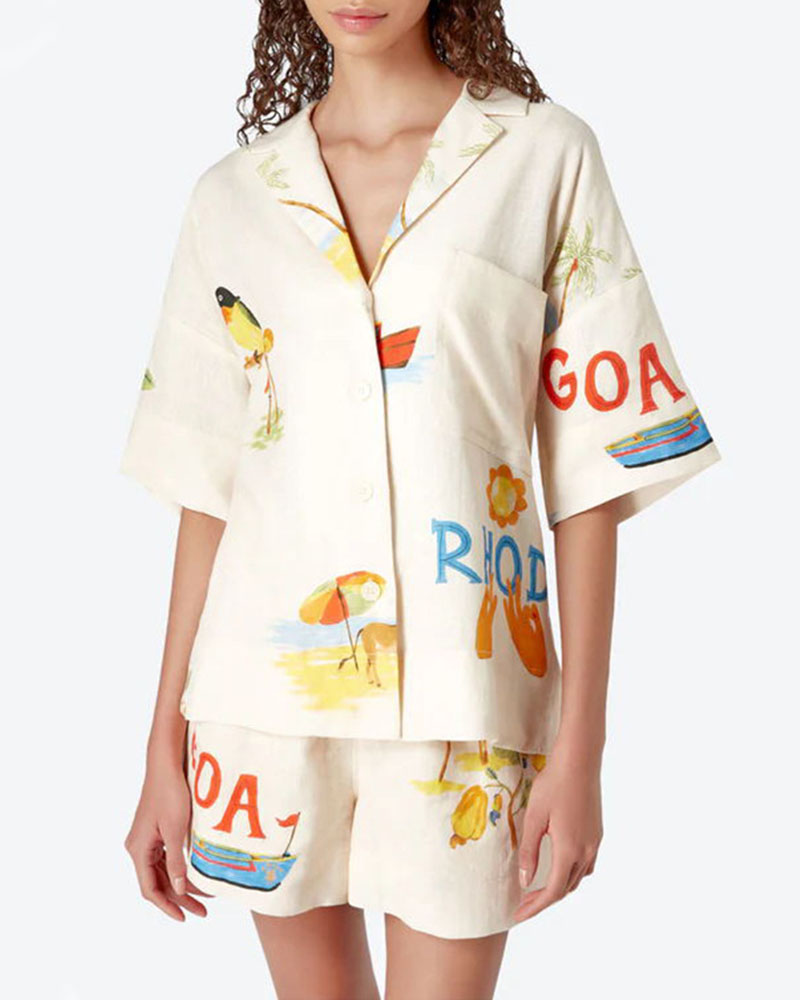 Conjunto Stella em Linho Mulher – Coordenação Estival com Estampa Tropical, Camisa Leve & Calção Confortável