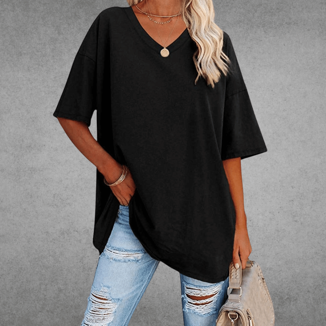 Ninon T-shirt Oversize Femme – Design confortable à col en V & tissu léger et respirant