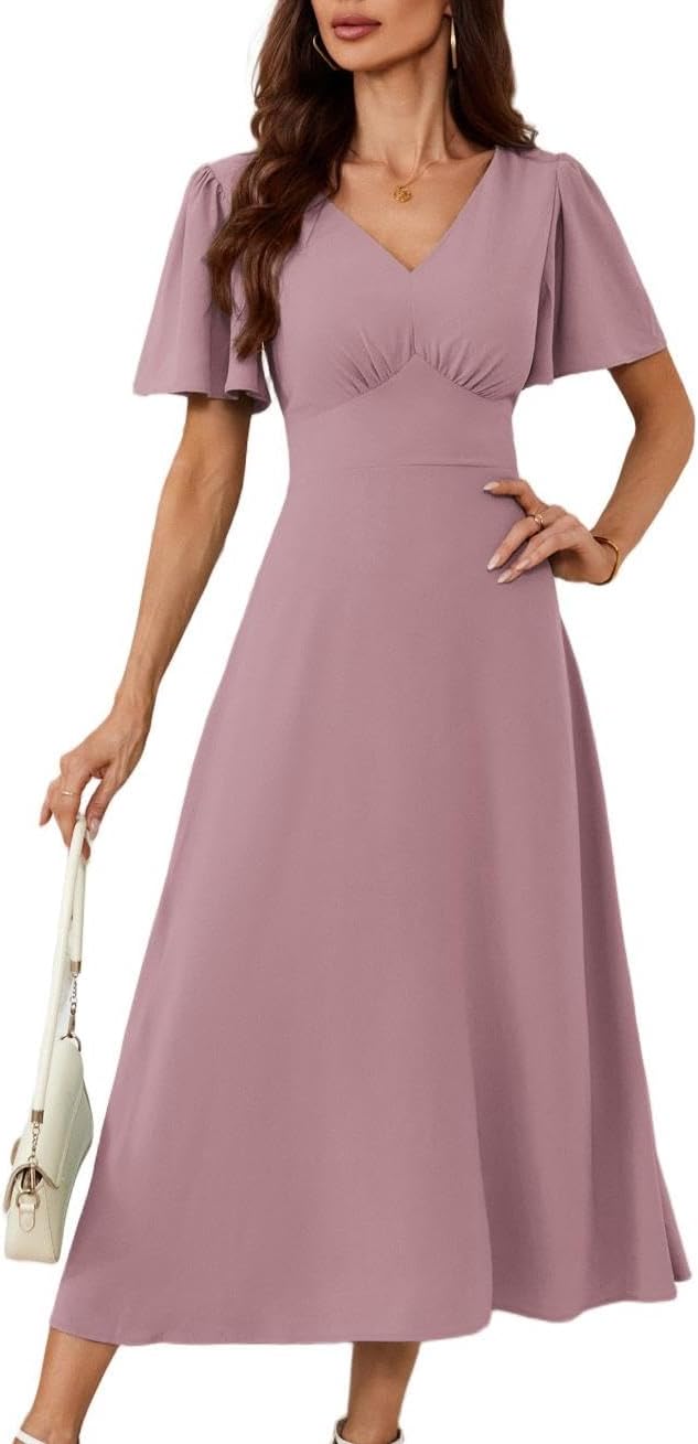 Rochie Claire pentru femei – Rochie maxi cu decolteu în V, spate pătrat, croială în A, fluidă, stil boem, vară