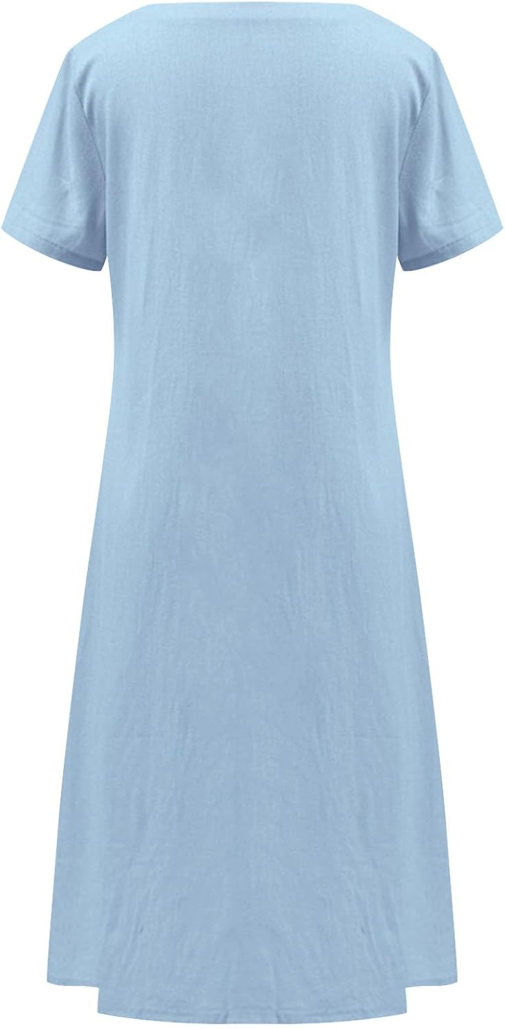 Vestido Emma para mujer – Vestido midi de lino con cuello redondo, abertura, bolsillos, línea A, elegante, verano
