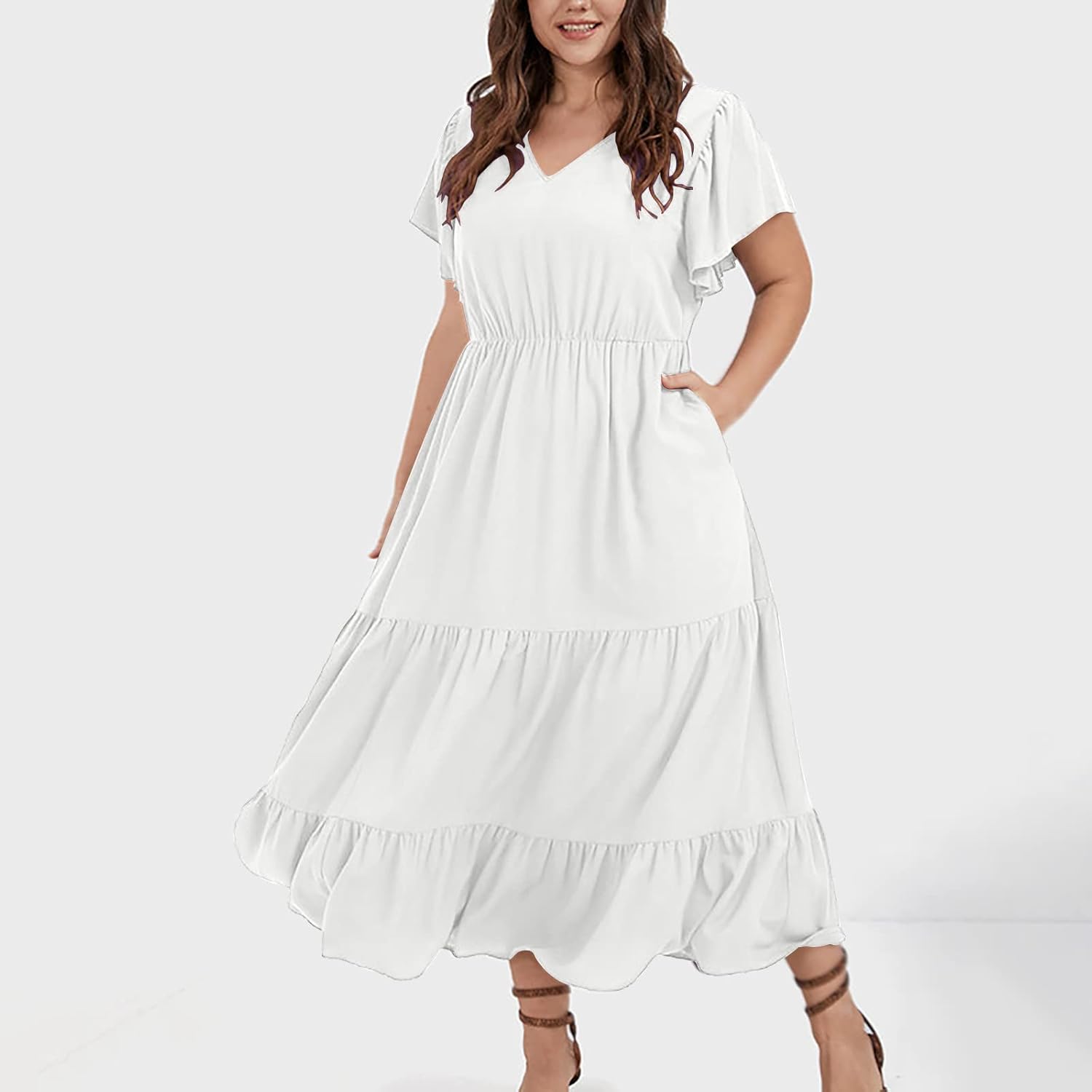 Vestido Manon Mulher – Vestido Boémio Decote em V Mangas Curtas Corte A Fluido Verão Tamanho Grande