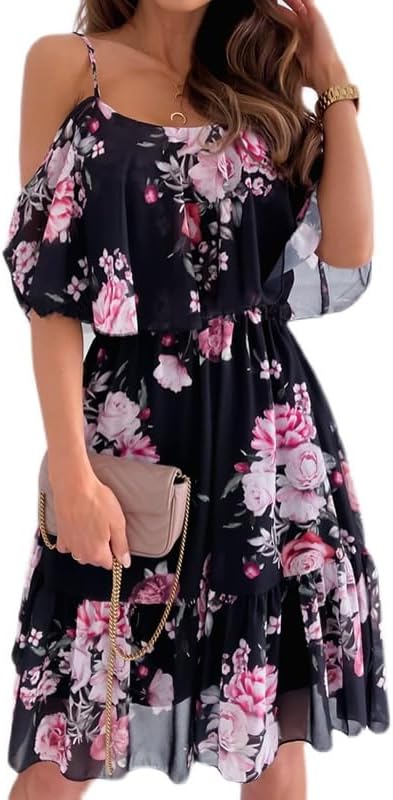 Mhaine Robe Femme Bohème – Épaules Dénudées, Volants, Coupe Midi Fluide Été