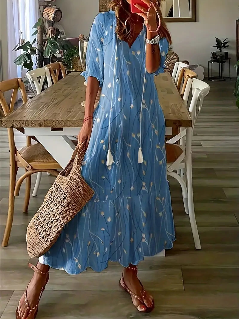 Urocza sukienka w stylu boho dla kobiet – elegancka letnia sukienka z falbankami, dekoltem w serek i wzorem ikat