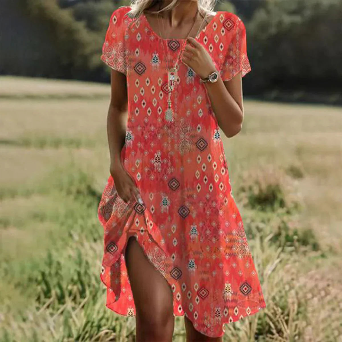 Aria Robe Midi Femme – Oranžové šaty s krátkými rukávy, kulatým výstřihem a elegantním pohodlím