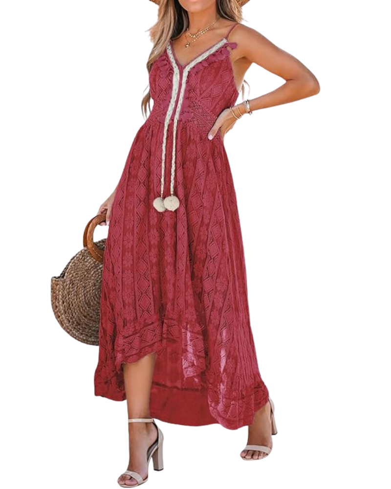 Penelope Robe Femme Maxi Bohème – Col V Lacé, Volants, Bretelles Réglables Été