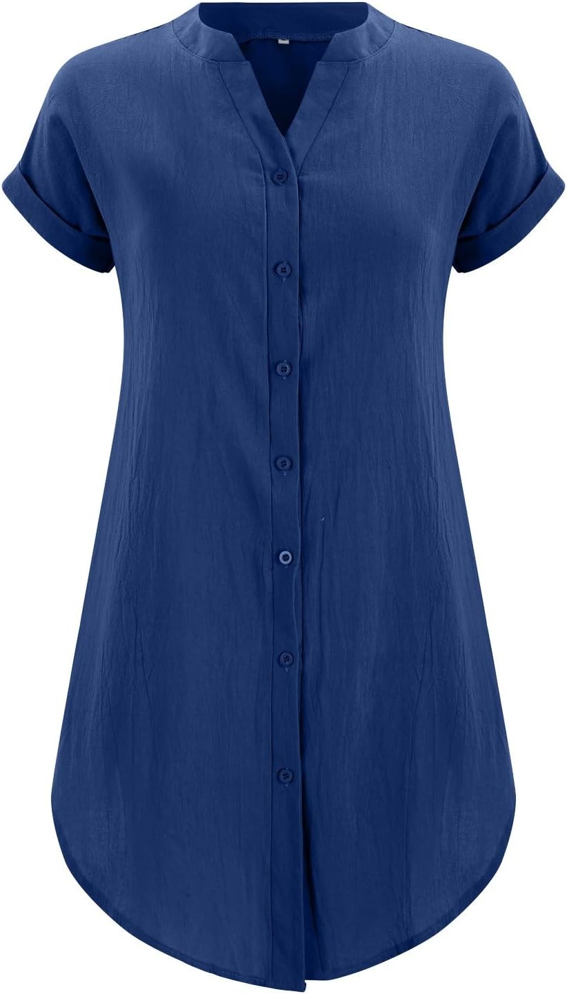 Sophie Damenkleid – Kurzes Leinenkleid mit V-Ausschnitt, Knopfleiste, kurzen Ärmeln, fließendem Schnitt, Sommer