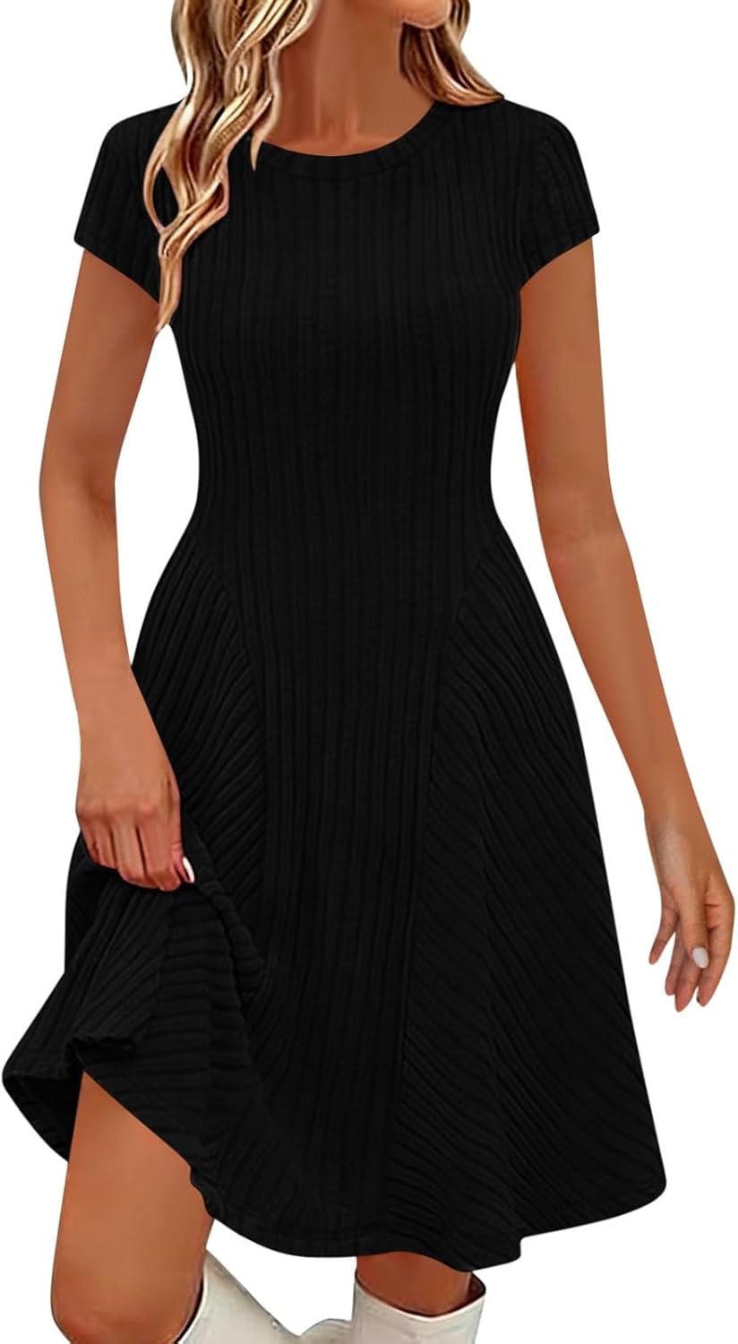 Rochie Emma pentru femei – Rochie midi din tricot canelat, guler rotund, mâneci scurte, elegantă