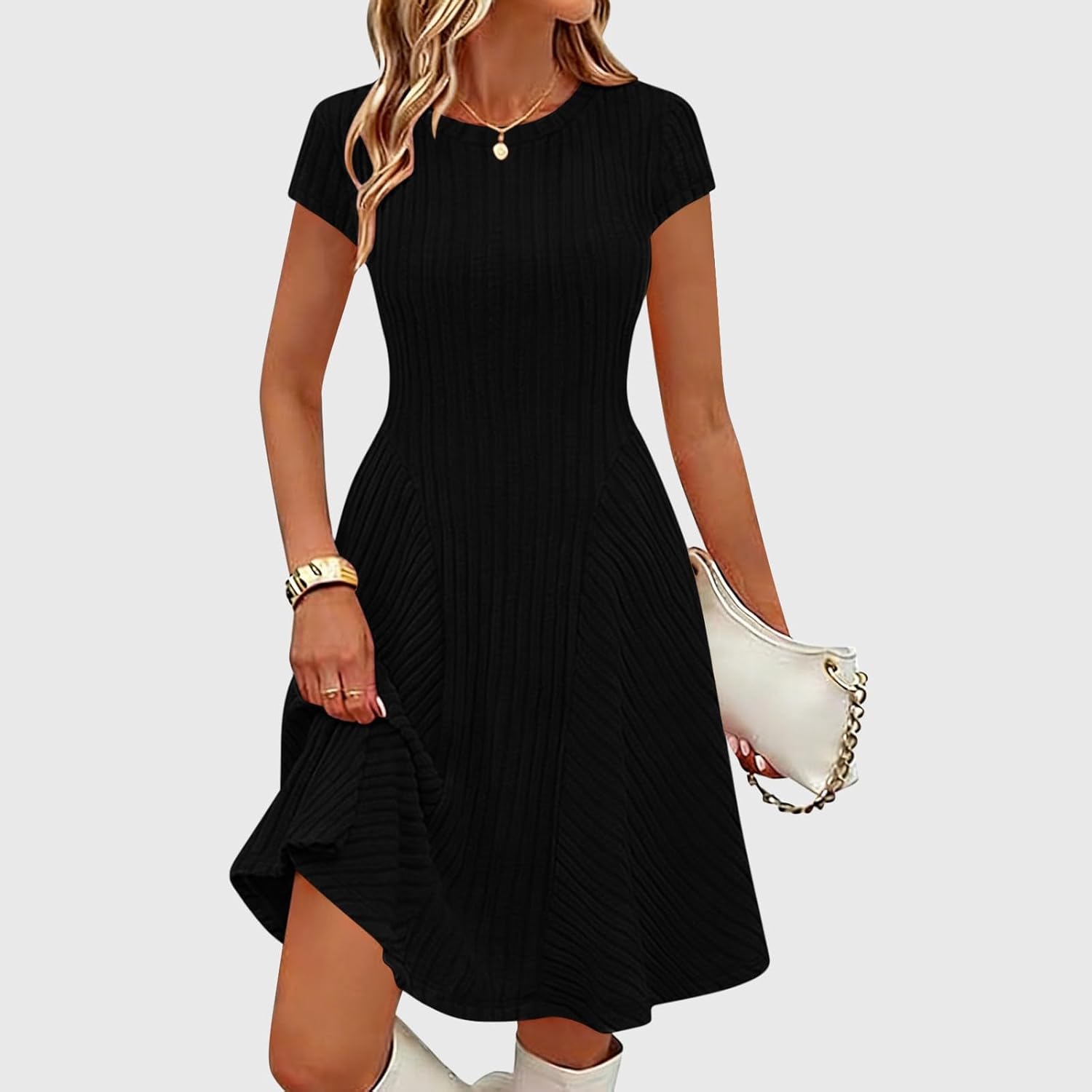 Rochie Emma pentru femei – Rochie midi din tricot canelat, guler rotund, mâneci scurte, elegantă