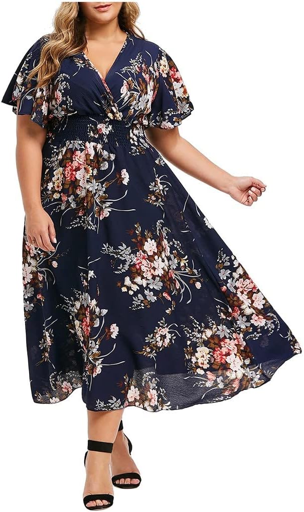 Rochie damă Élise – Rochie midi cu flori, de vară, elegantă, cu decolteu în V, croială în A, din in și bumbac fluid
