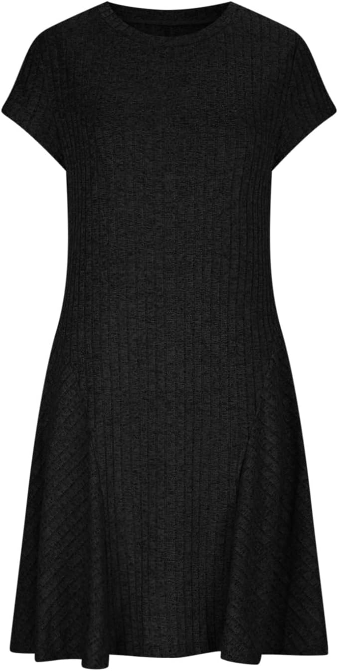 Rochie Emma pentru femei – Rochie midi din tricot canelat, guler rotund, mâneci scurte, elegantă