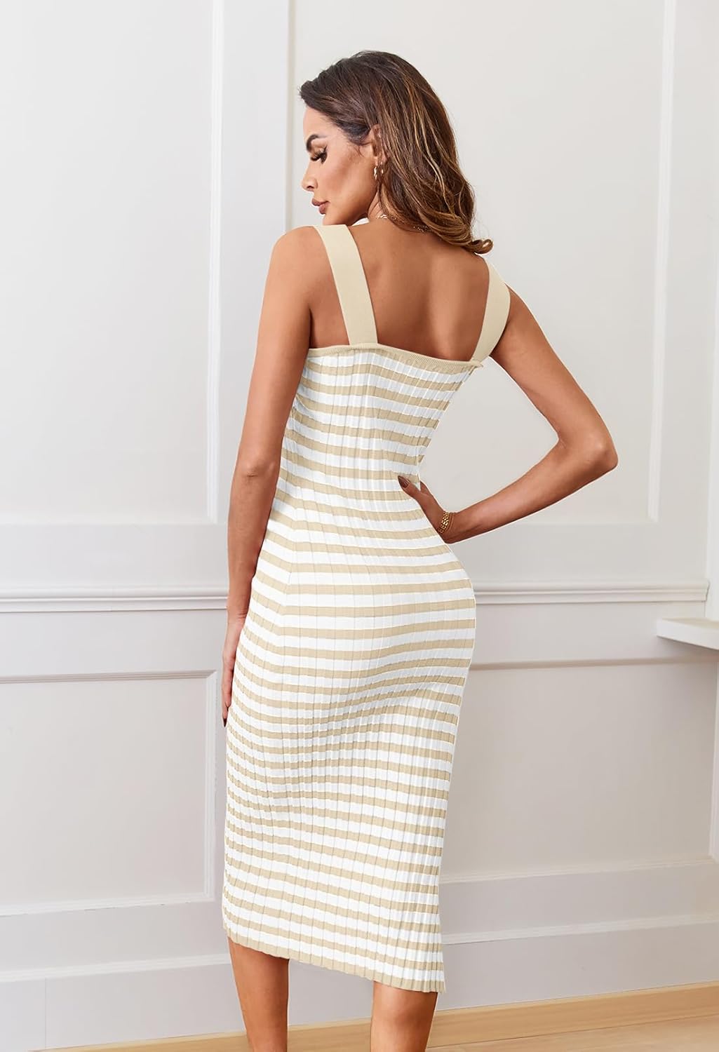 Vestido Midi Emma Mulher – Vestido Justo Malha Canelada Decote Quadrado Fenda Verão Chic