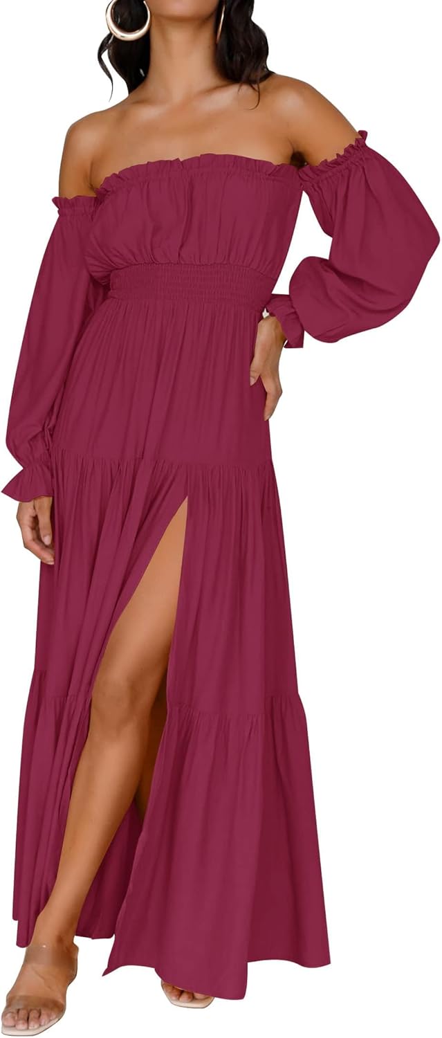 Sophie Vestito Maxi Donna – Vestito Bohemien Spalle Scoperte Spacco Vita Arricciata