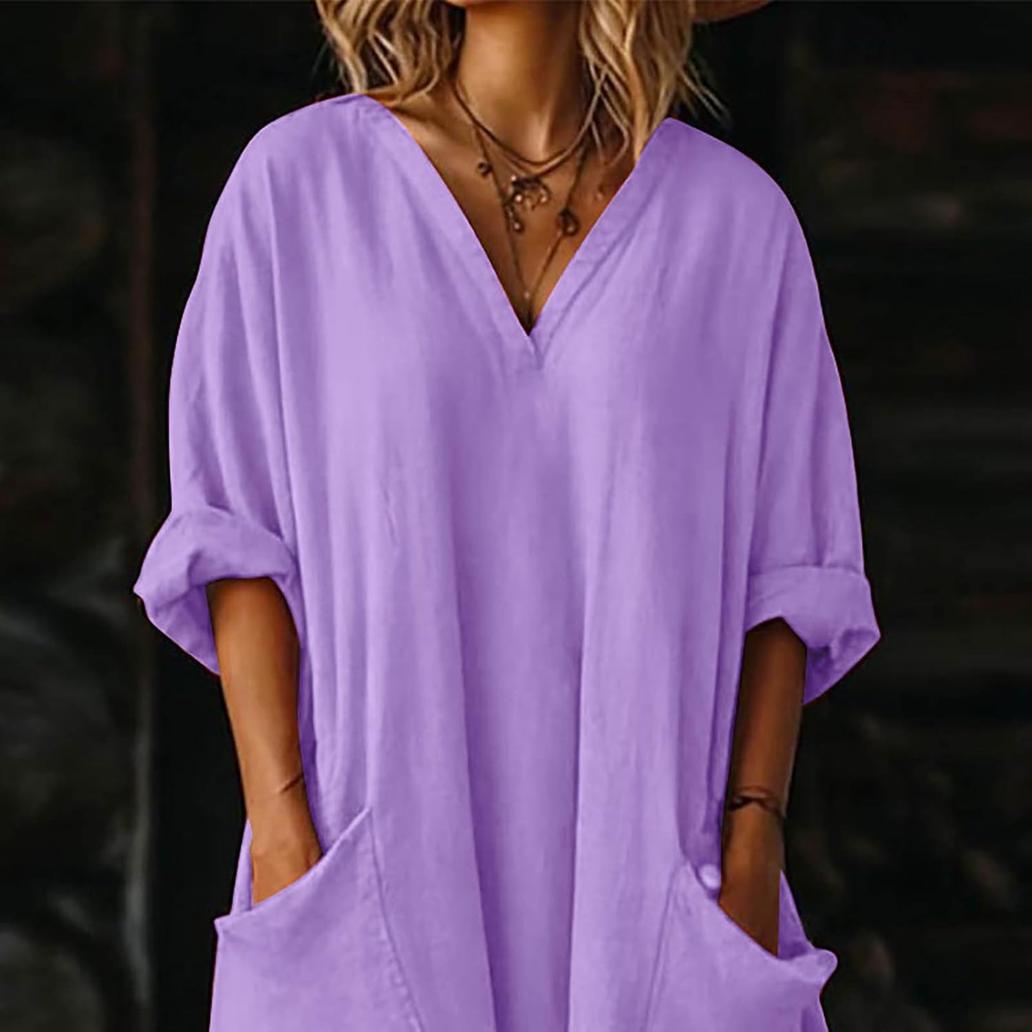 Rochie Mila pentru femei – Rochie maxi din in, de vară, cu decolteu în V, mâneci 3/4, croială evazată, oversize