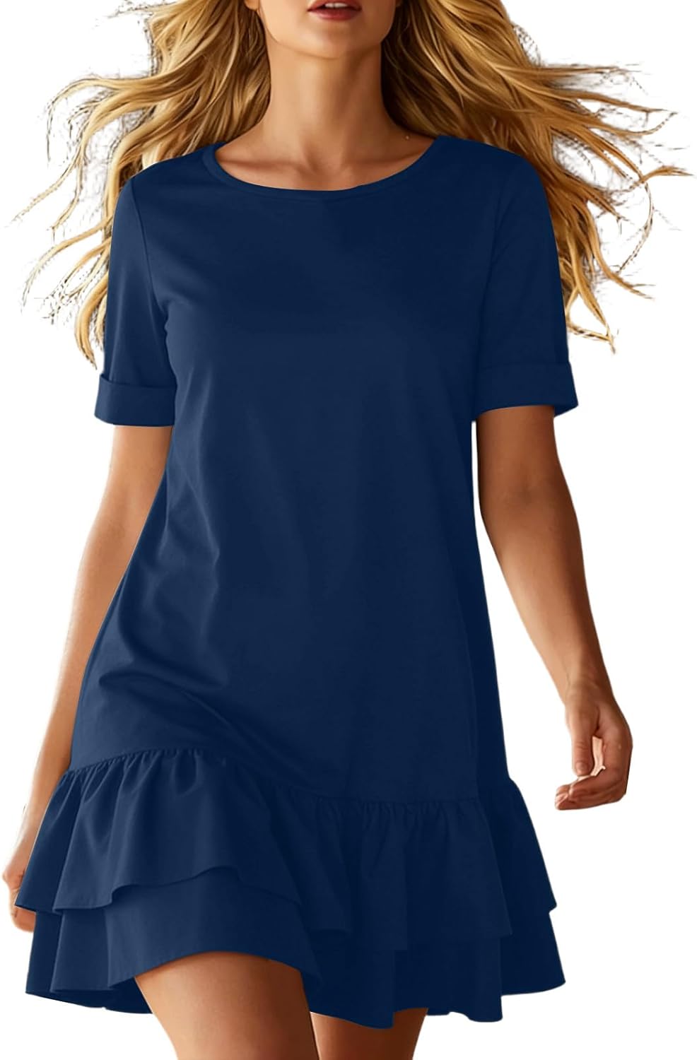 Sukienka Lina damska – mini sukienka T-shirt z okrągłym dekoltem, falbankami i podwójnym obszyciem, boho, lato