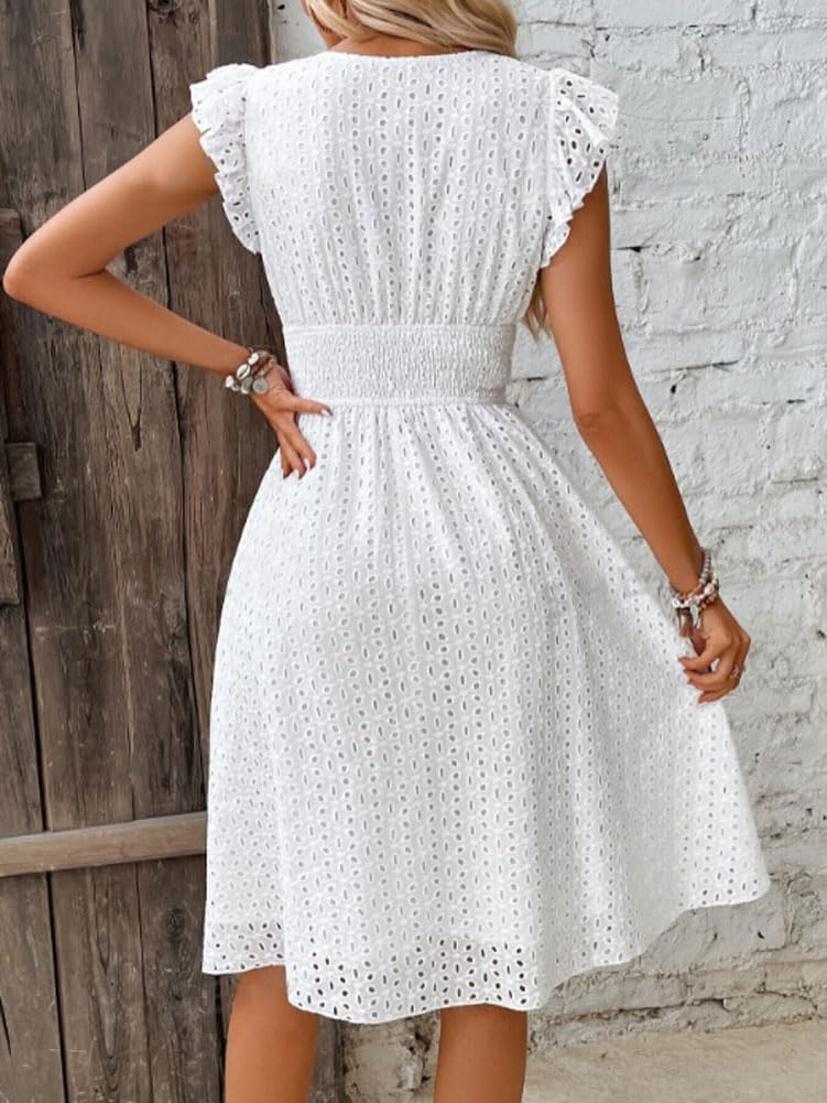 Rochie midi Adeline pentru femei vară – rochie cu broderie englezească, decolteu în V, mâneci cu volane și talie smock