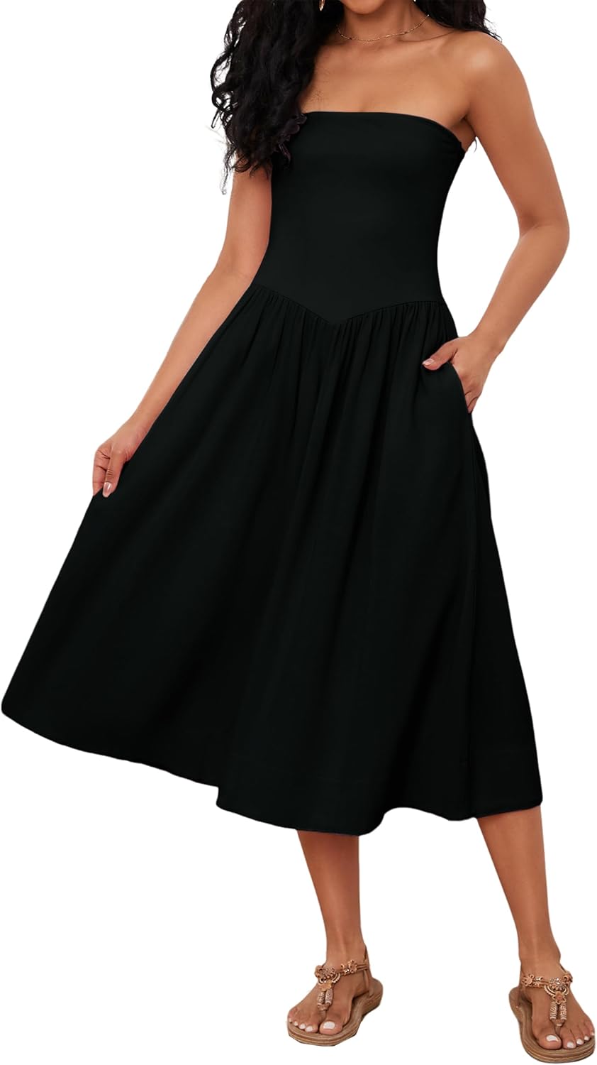 Rochie Midi Lina pentru Femei – Rochie Bustieră fără Mâneci cu Talie Joasă, Croială A-Line, Vară Chic