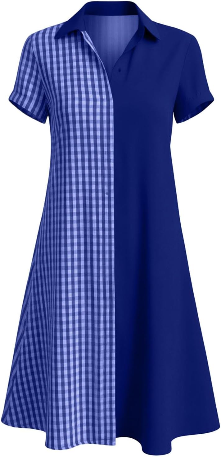 Julie Robe Femme – Robe Carreaux Col V Manches Courtes Coupe Fluide Bohème Été