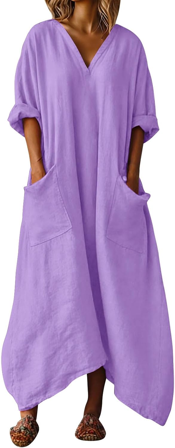 Rochie Mila pentru femei – Rochie maxi din in, de vară, cu decolteu în V, mâneci 3/4, croială evazată, oversize