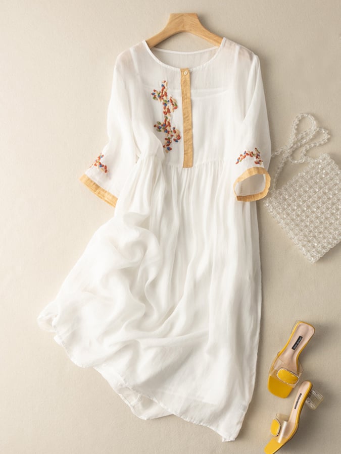 Vestido Zara Mulher – Vestido Bordado em Algodão e Linho com Desenho Étnico e Corte Confortável