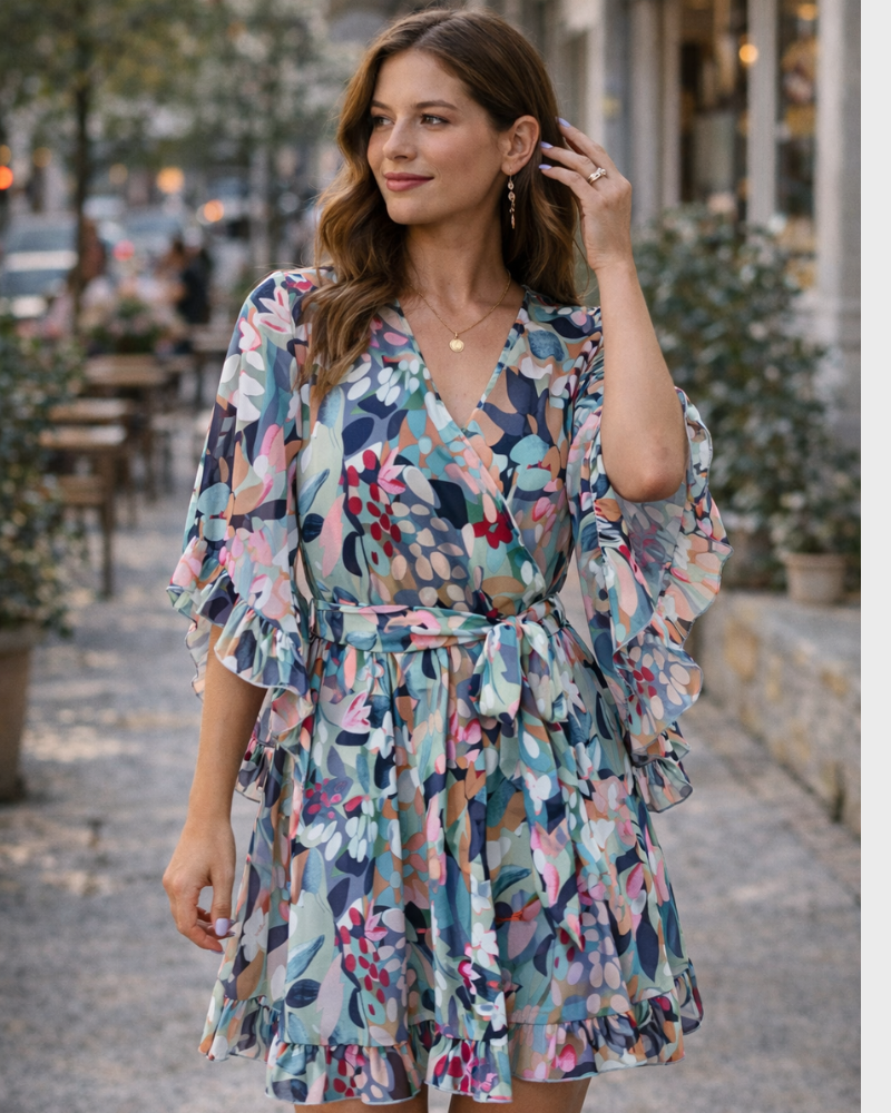 Vestaglia Odessa Donna – Incrocio a V Floreale, Maniche a Campana & Mini in Mussola Elegante