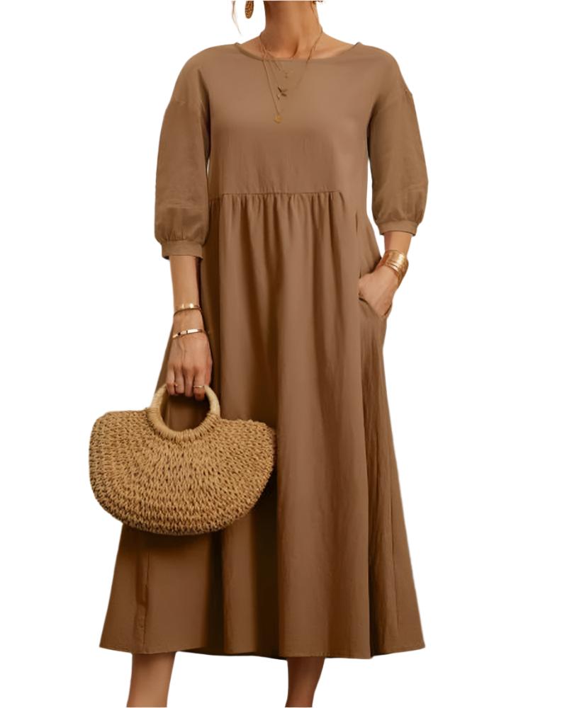 Flore Robe Midi Femme – Baumwolle Leinen Atmungsaktiv, Rundhalsausschnitt, Laternenärmel, Sommerlicher Komfort