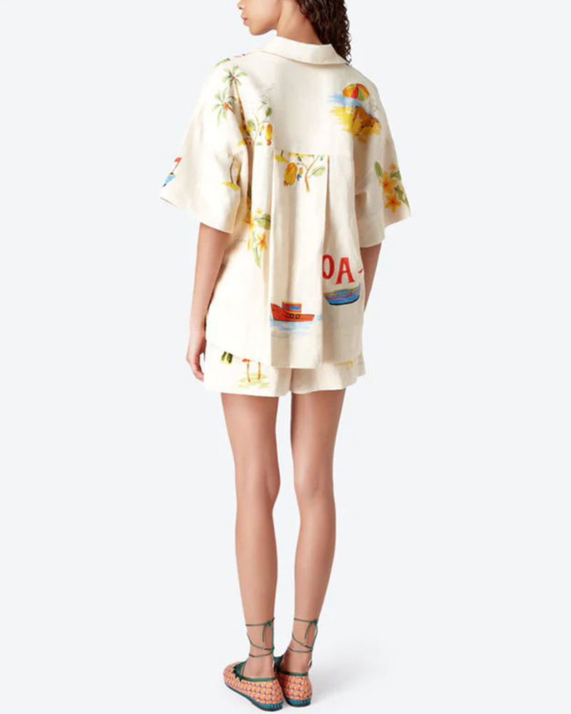 Conjunto Stella em Linho Mulher – Coordenação Estival com Estampa Tropical, Camisa Leve & Calção Confortável