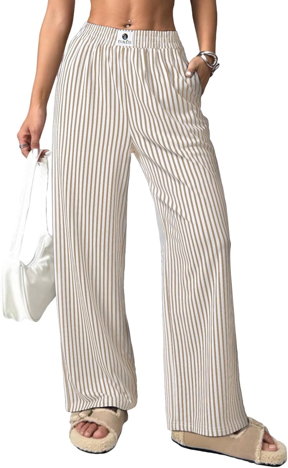 Verna Pantaloni damă cu dungi – croială largă fluidă, talie înaltă elastică, lounge de vară