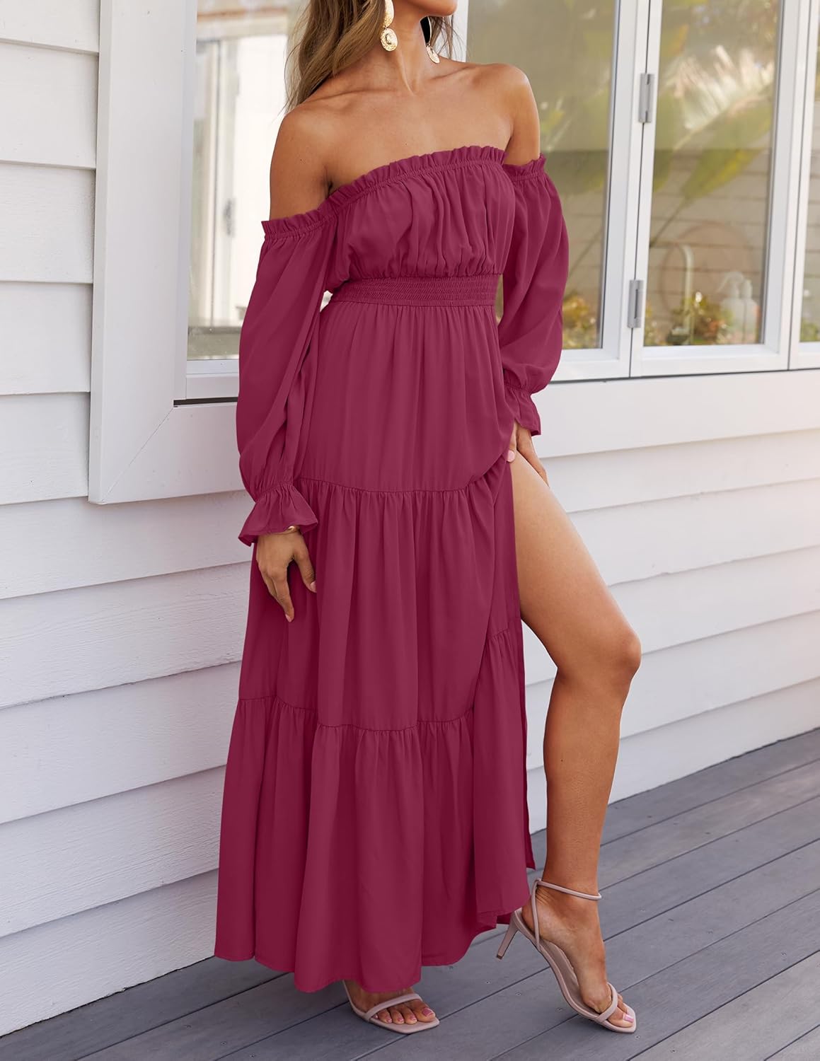 Sophie Vestito Maxi Donna – Vestito Bohemien Spalle Scoperte Spacco Vita Arricciata
