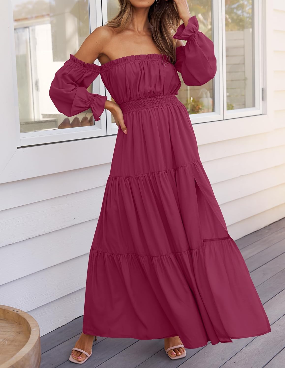 Sophie Vestito Maxi Donna – Vestito Bohemien Spalle Scoperte Spacco Vita Arricciata