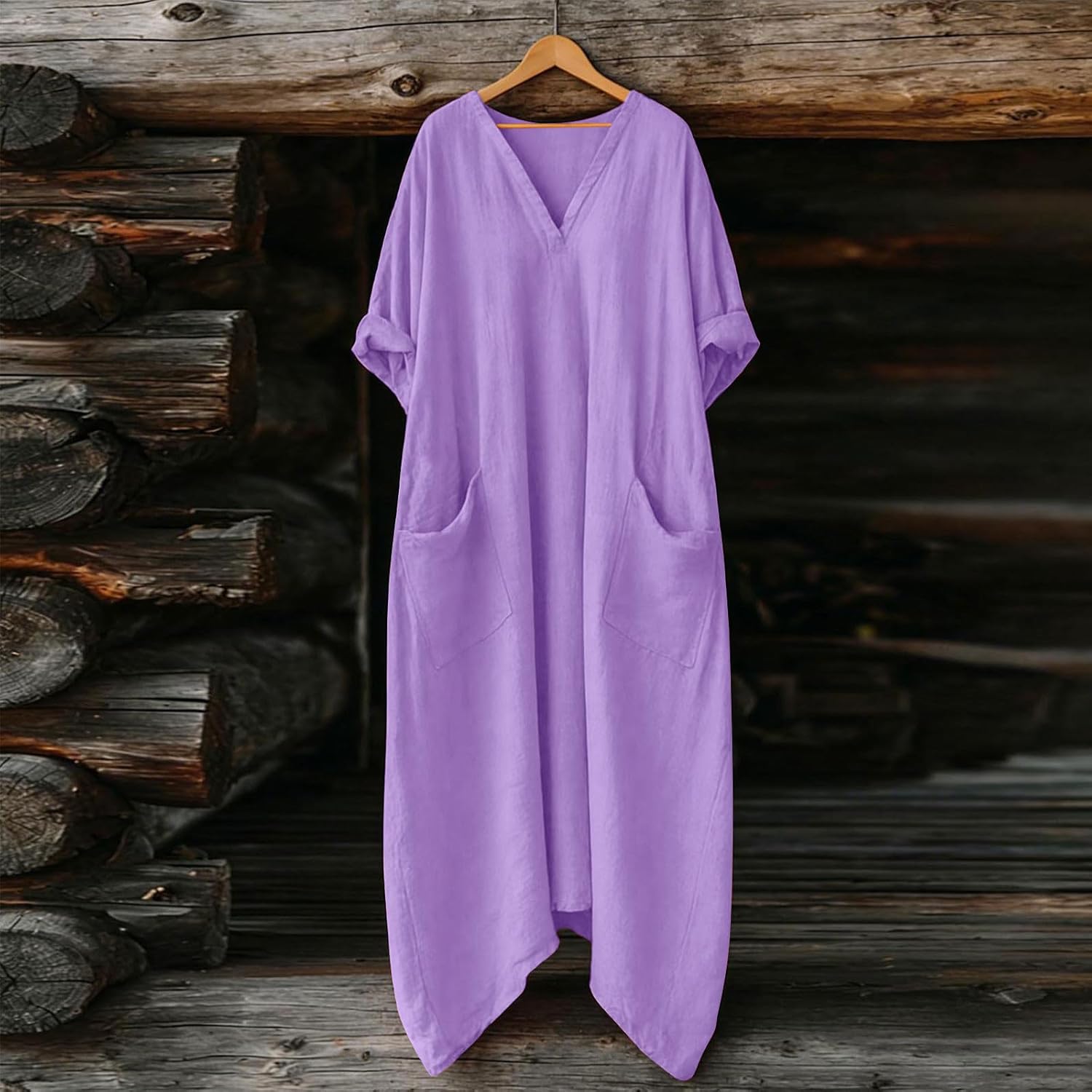 Rochie Mila pentru femei – Rochie maxi din in, de vară, cu decolteu în V, mâneci 3/4, croială evazată, oversize