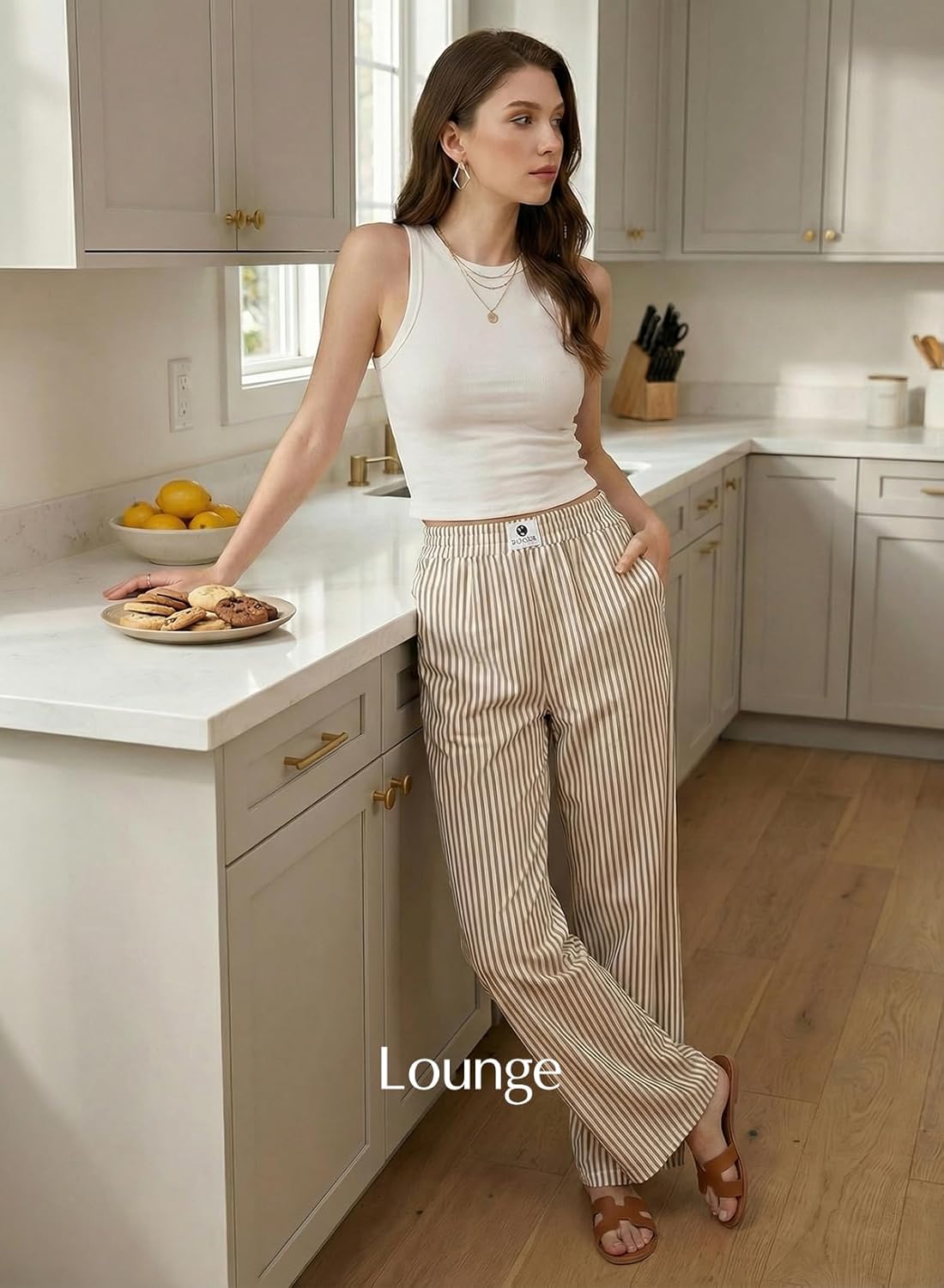 Verna Pantaloni damă cu dungi – croială largă fluidă, talie înaltă elastică, lounge de vară