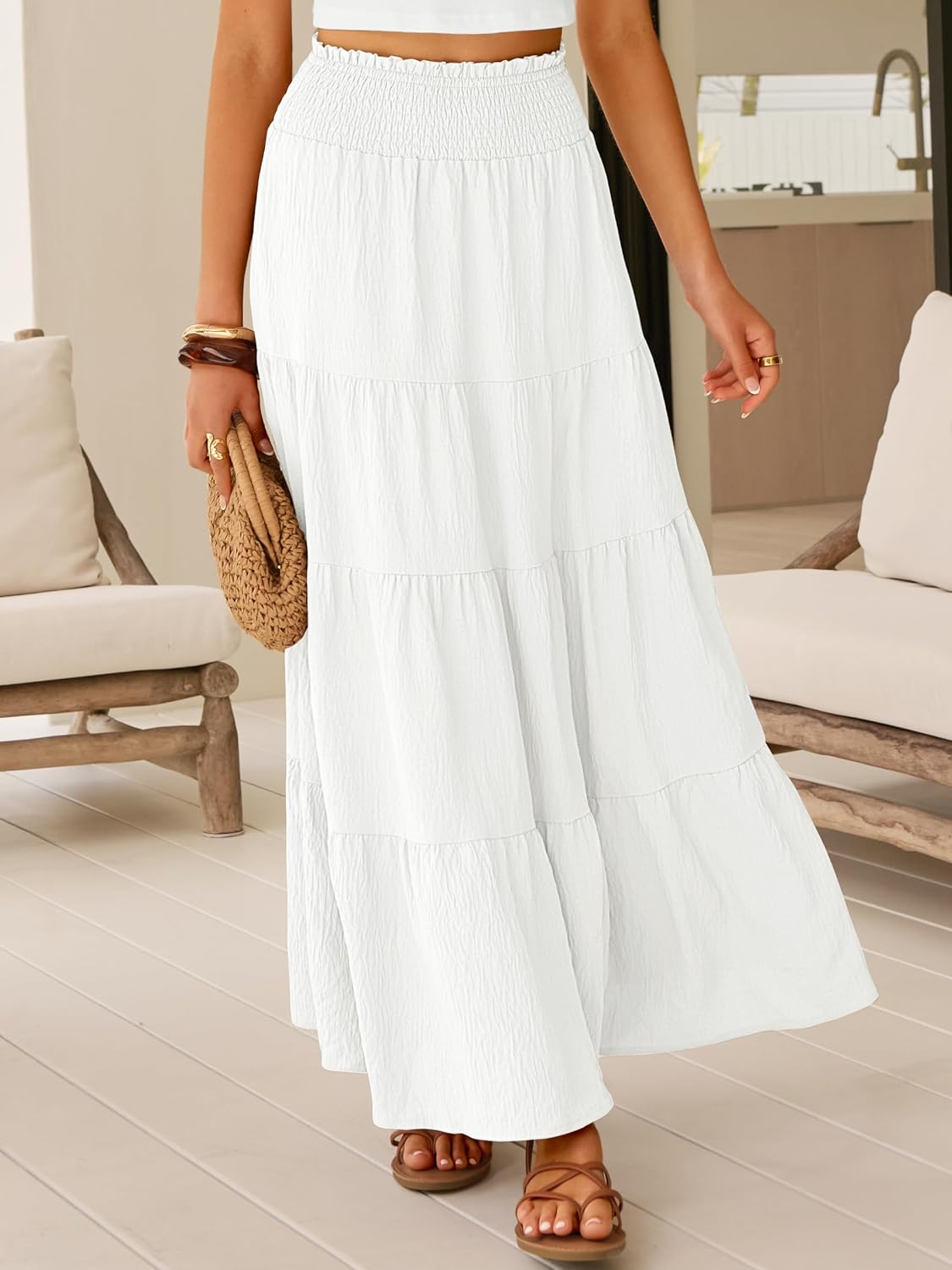 Juna Saia Maxi Feminina – Saia Boémia Cintura Alta com Elástico e Folhos Verão
