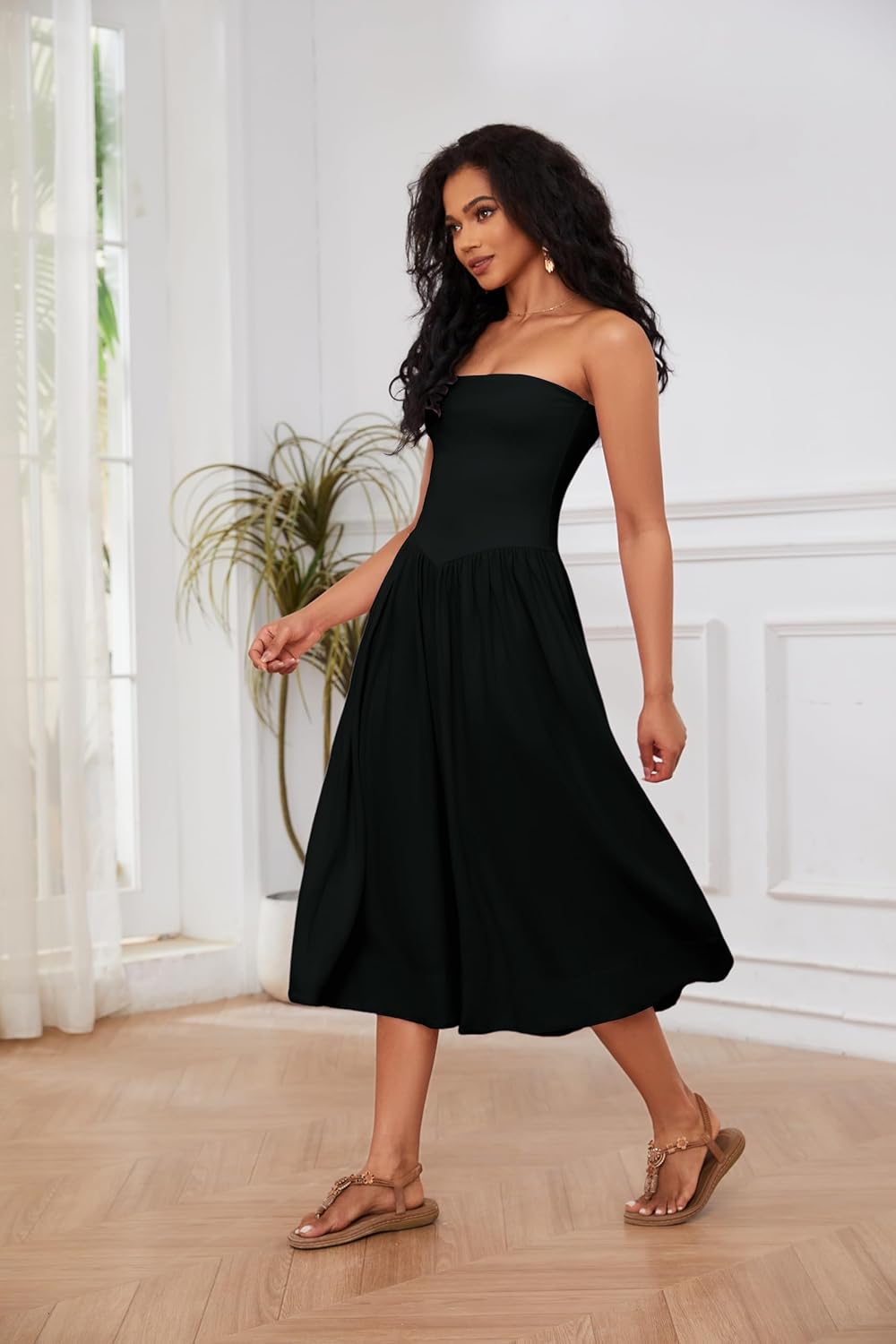 Rochie Midi Lina pentru Femei – Rochie Bustieră fără Mâneci cu Talie Joasă, Croială A-Line, Vară Chic