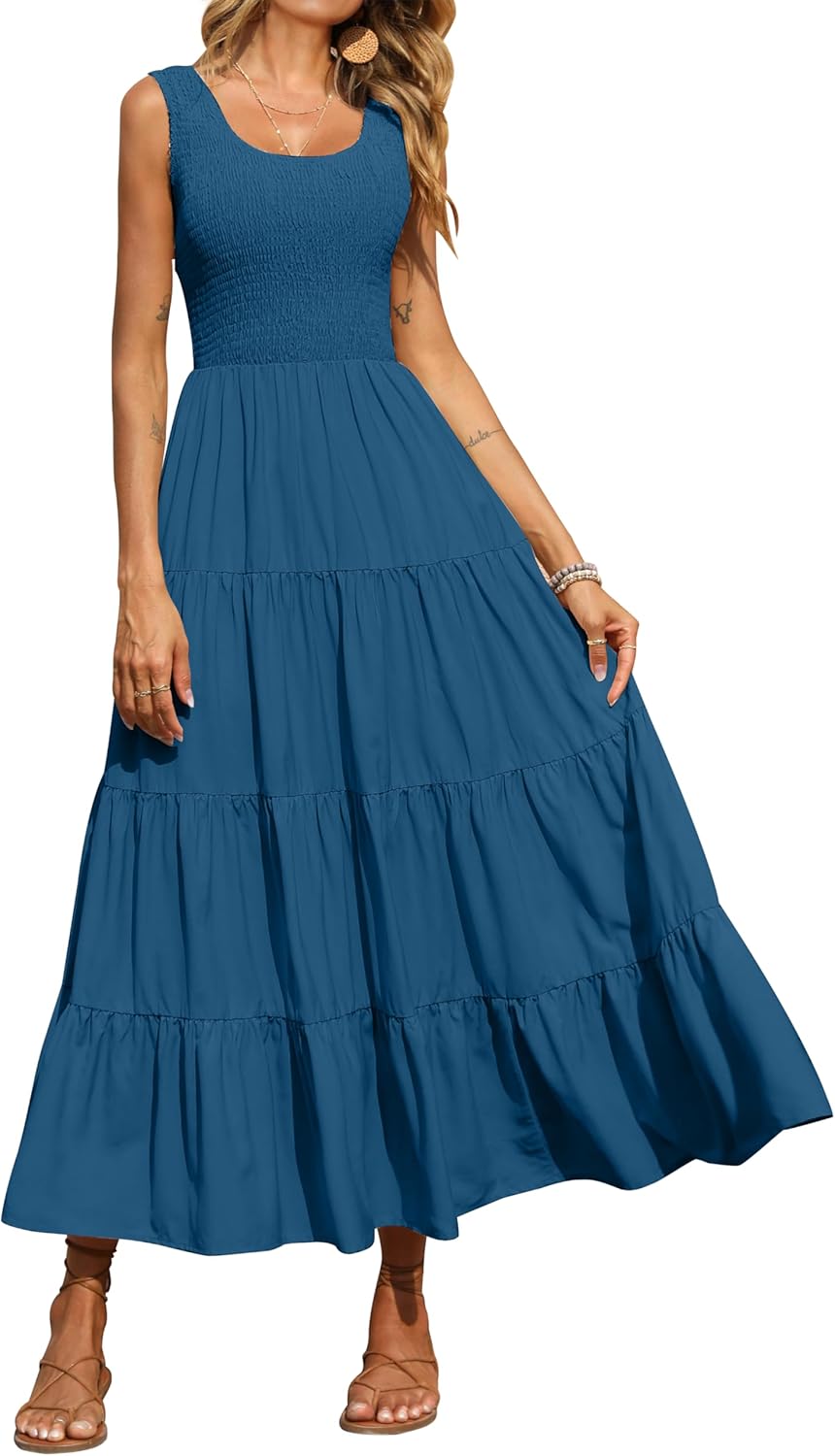 Rochie maxi Élina pentru femei – rochie smock fără mâneci, croială în A, vară boemă