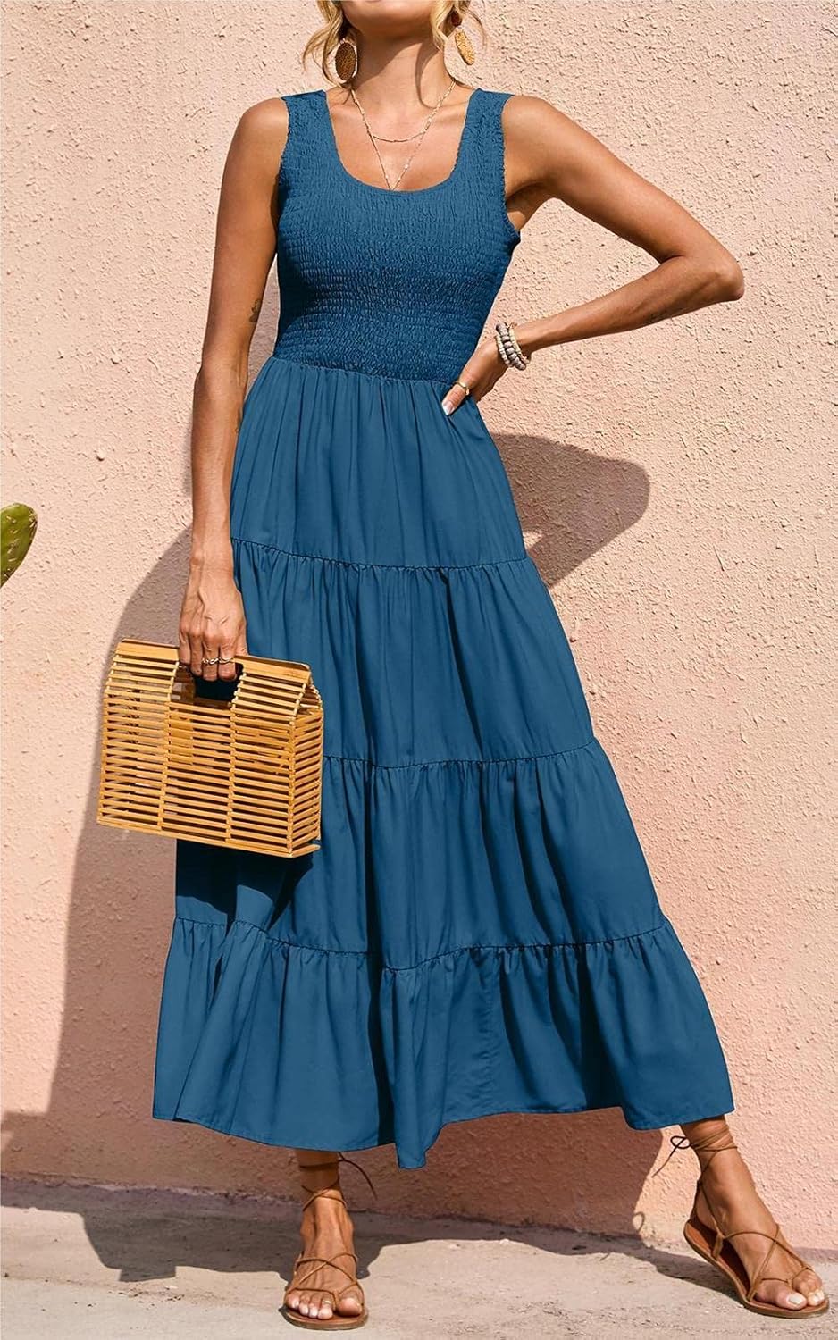 Rochie maxi Élina pentru femei – rochie smock fără mâneci, croială în A, vară boemă
