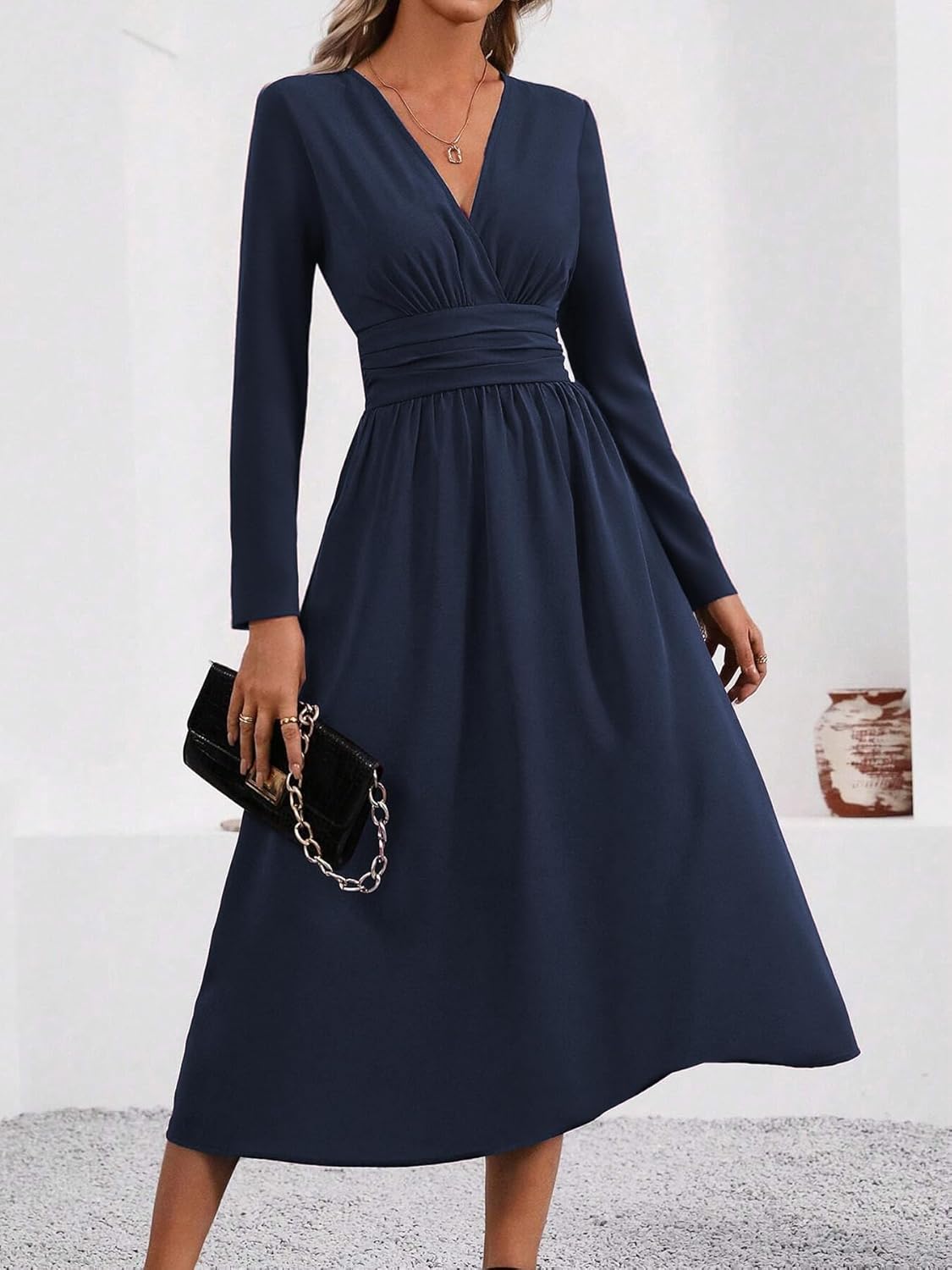 Rochie maxi Isabelle pentru femei – Rochie elegantă cu decolteu în V, tip cache-cœur, cu mâneci lungi