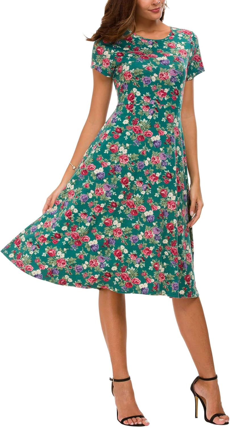 Rochie midi cu flori pentru femei Léonie – rochie evazată cu mâneci scurte și guler rotund, de vară
