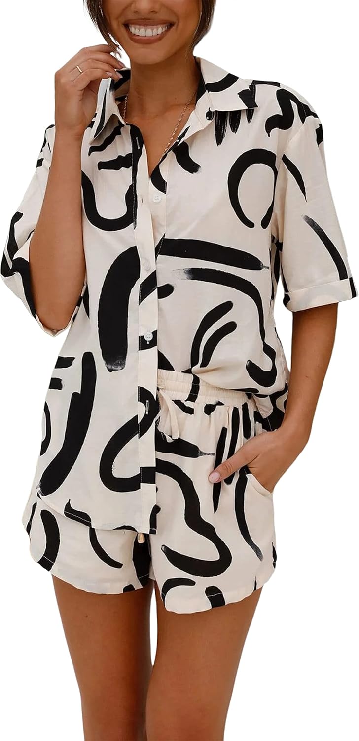 Lauren Women's 2-Piece Set – Button-Up Shirt & Elastic Waist Shorts Summer