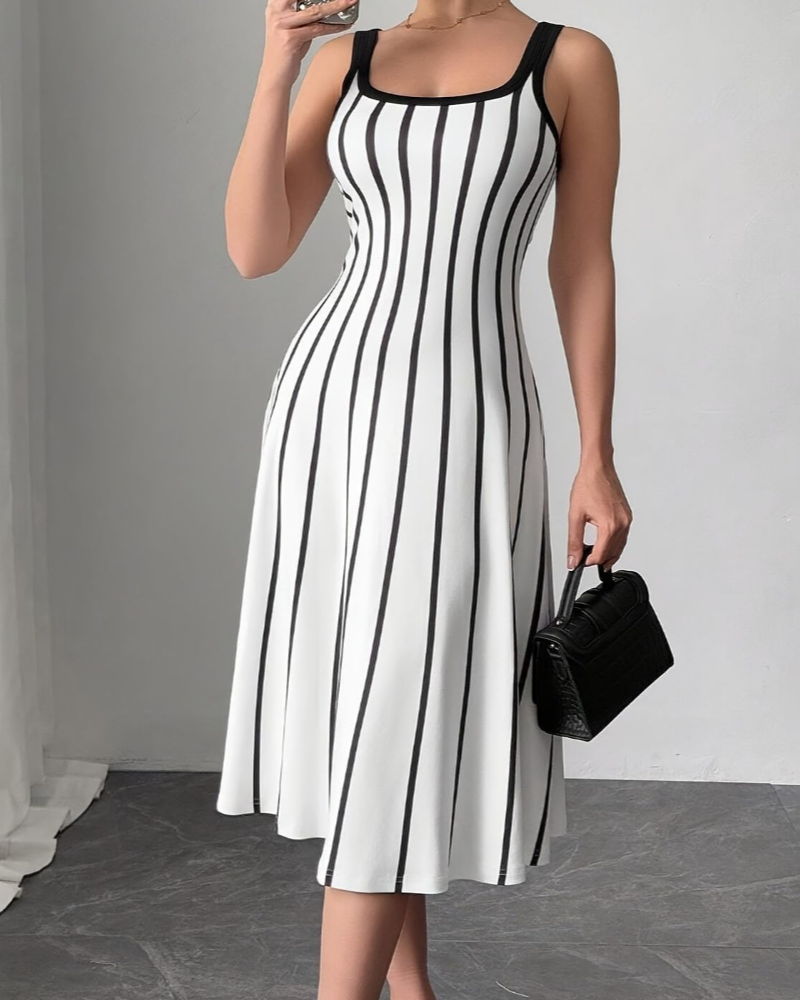 Torianna Midi-jurk Dames – Verticale Strepen, Vierkante Hals & Elegante Aansluitende Pasvorm