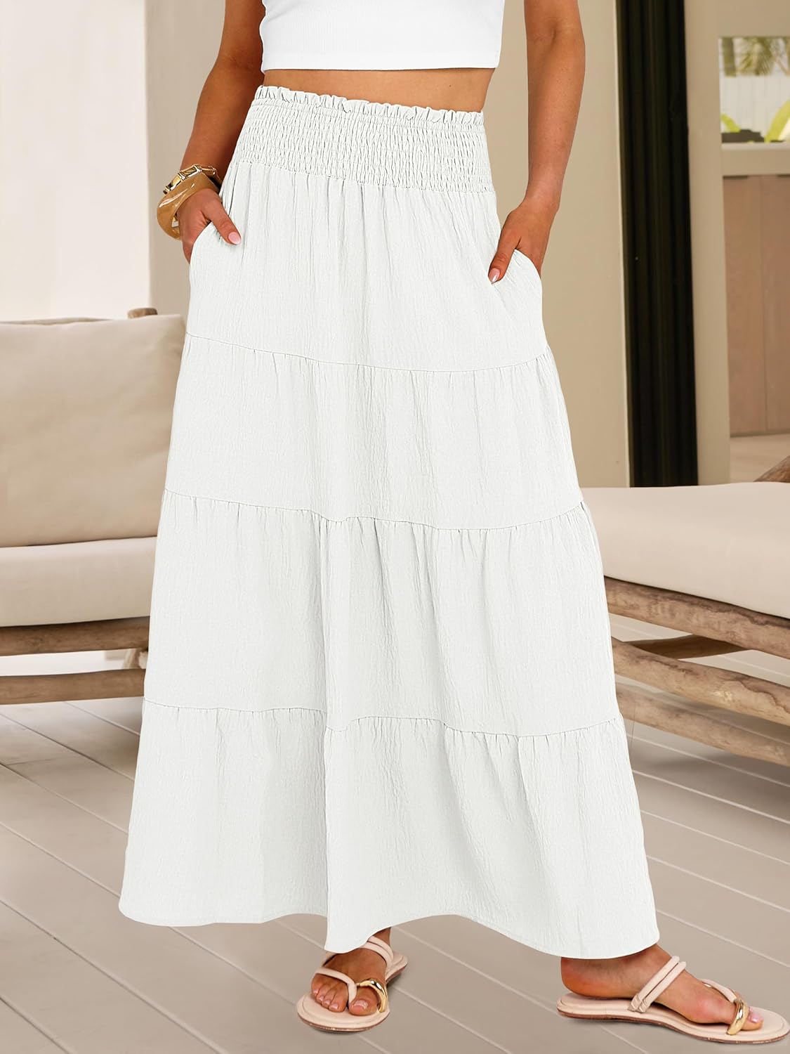 Juna Saia Maxi Feminina – Saia Boémia Cintura Alta com Elástico e Folhos Verão
