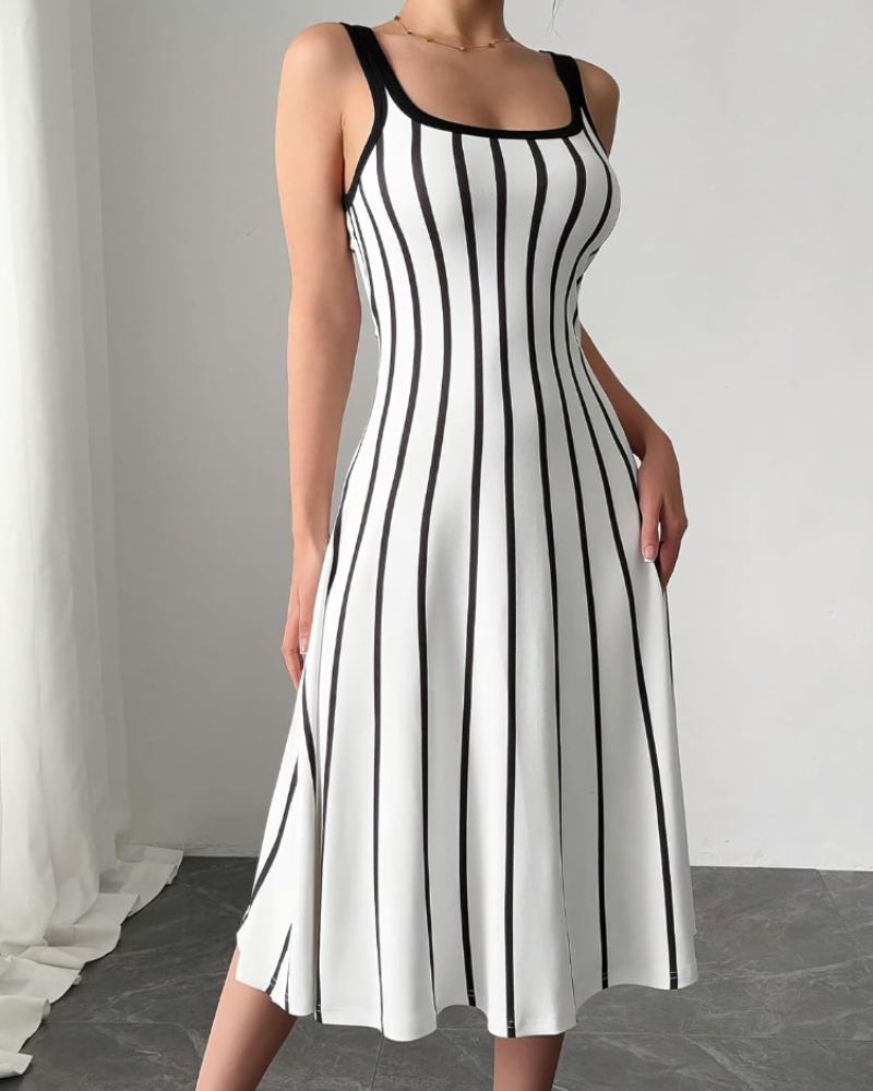 Torianna Midi-jurk Dames – Verticale Strepen, Vierkante Hals & Elegante Aansluitende Pasvorm