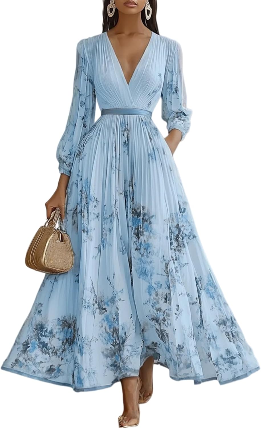 Amélie Damenkleid – Maxikleid mit Blumenmuster, V-Ausschnitt, Taillengürtel, Boho Elegant, Hochzeit