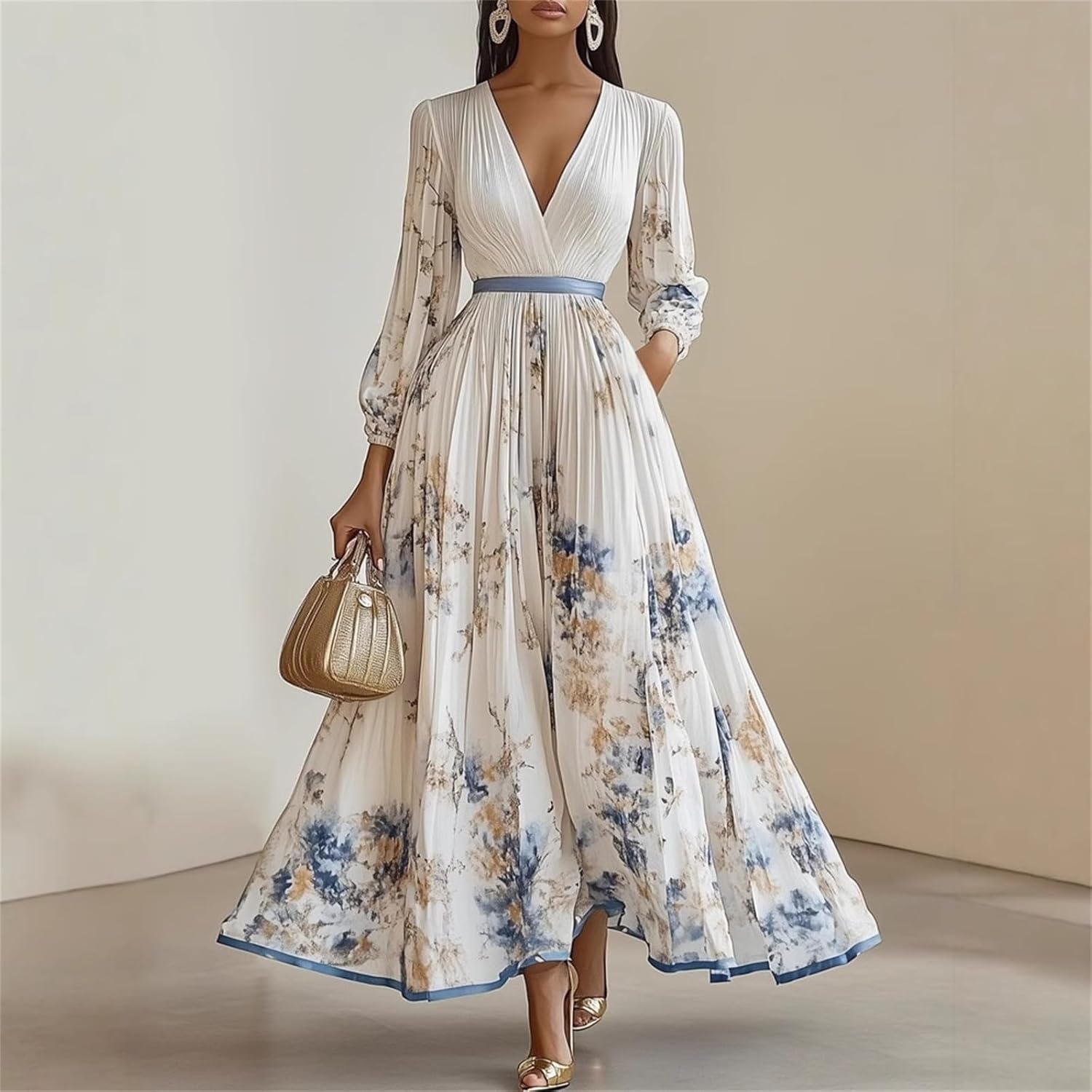 Amélie Damenkleid – Maxikleid mit Blumenmuster, V-Ausschnitt, Taillengürtel, Boho Elegant, Hochzeit