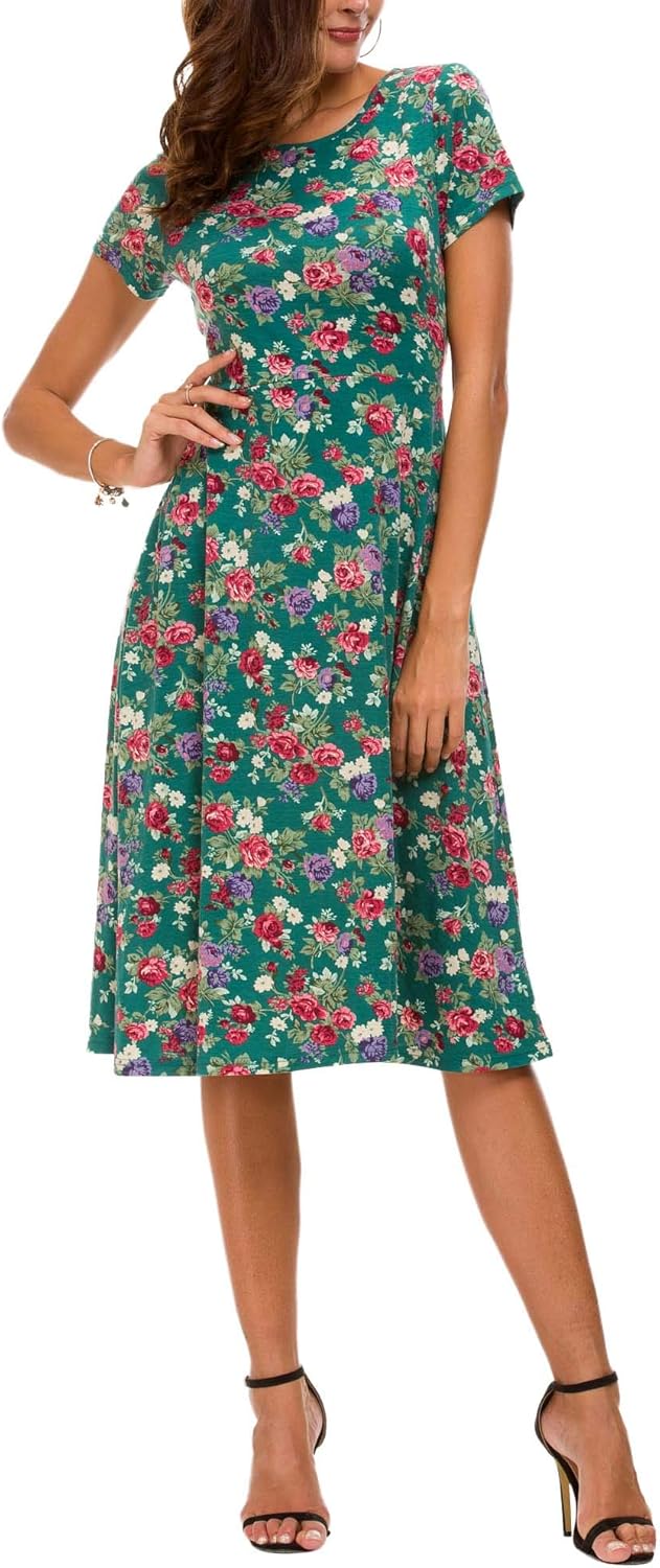 Rochie midi cu flori pentru femei Léonie – rochie evazată cu mâneci scurte și guler rotund, de vară