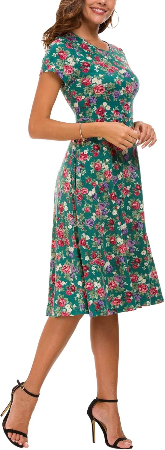 Rochie midi cu flori pentru femei Léonie – rochie evazată cu mâneci scurte și guler rotund, de vară