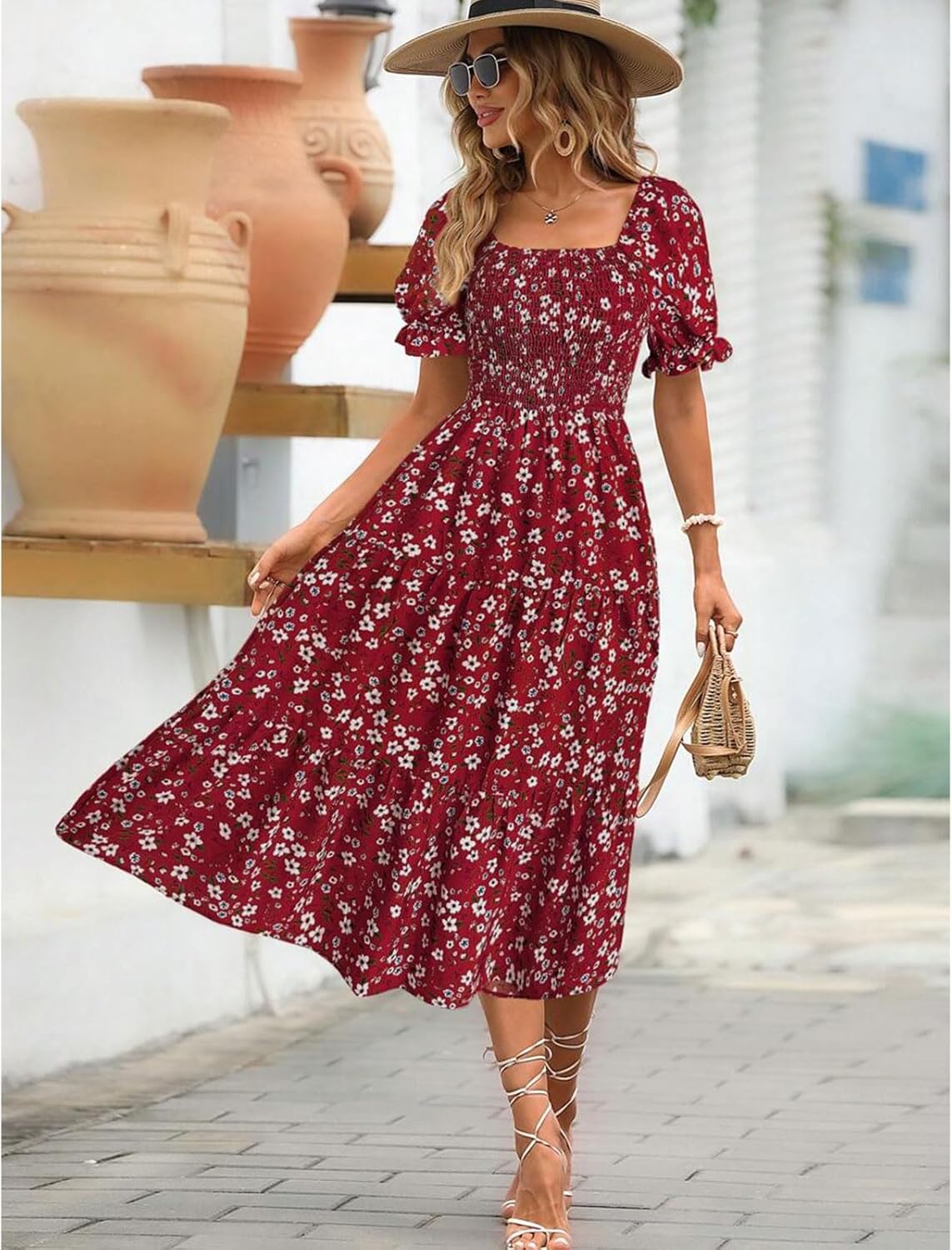 Vestido Angeli para mujer con flores – mangas abullonadas, cintura anudada, corte mini verano chic