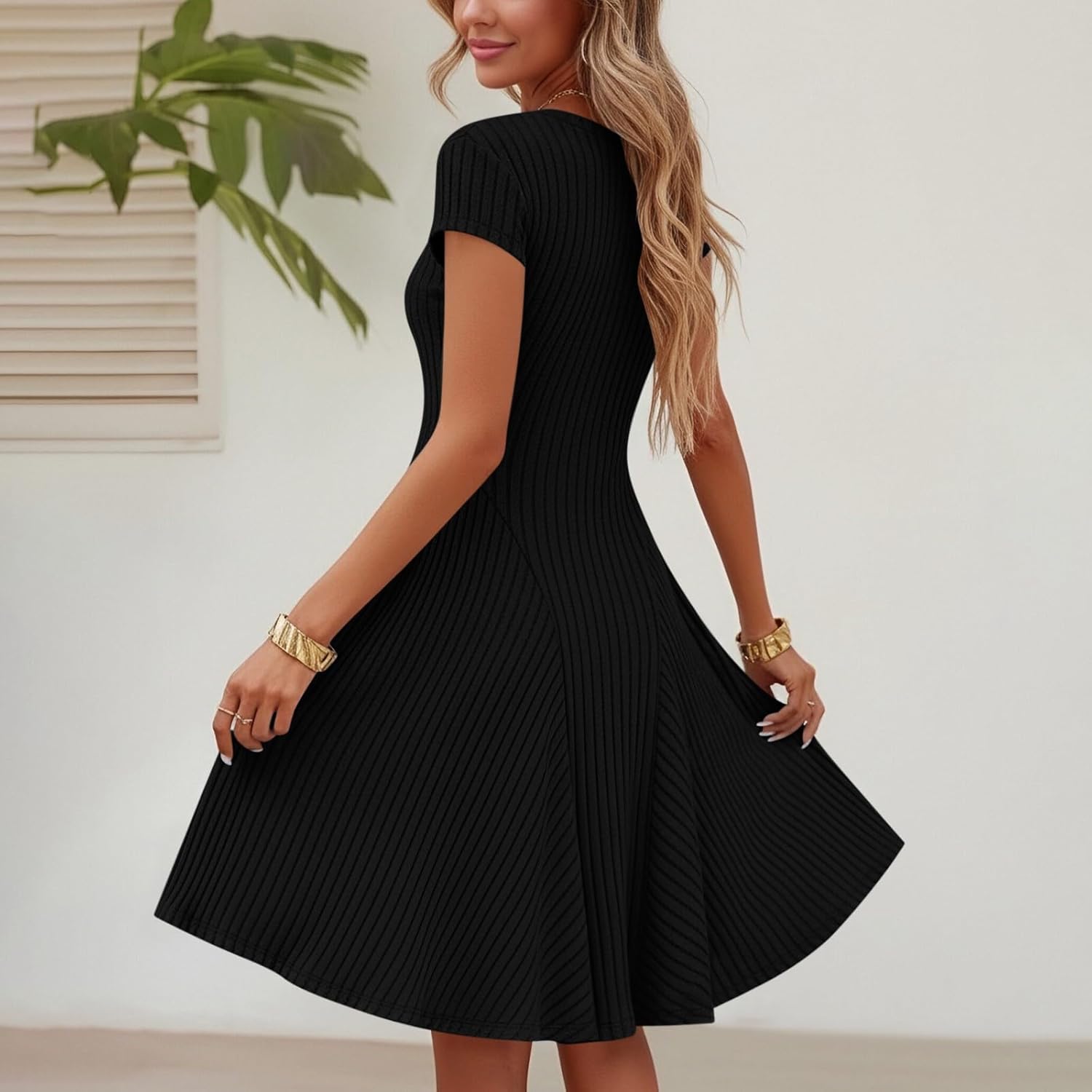 Rochie Emma pentru femei – Rochie midi din tricot canelat, guler rotund, mâneci scurte, elegantă
