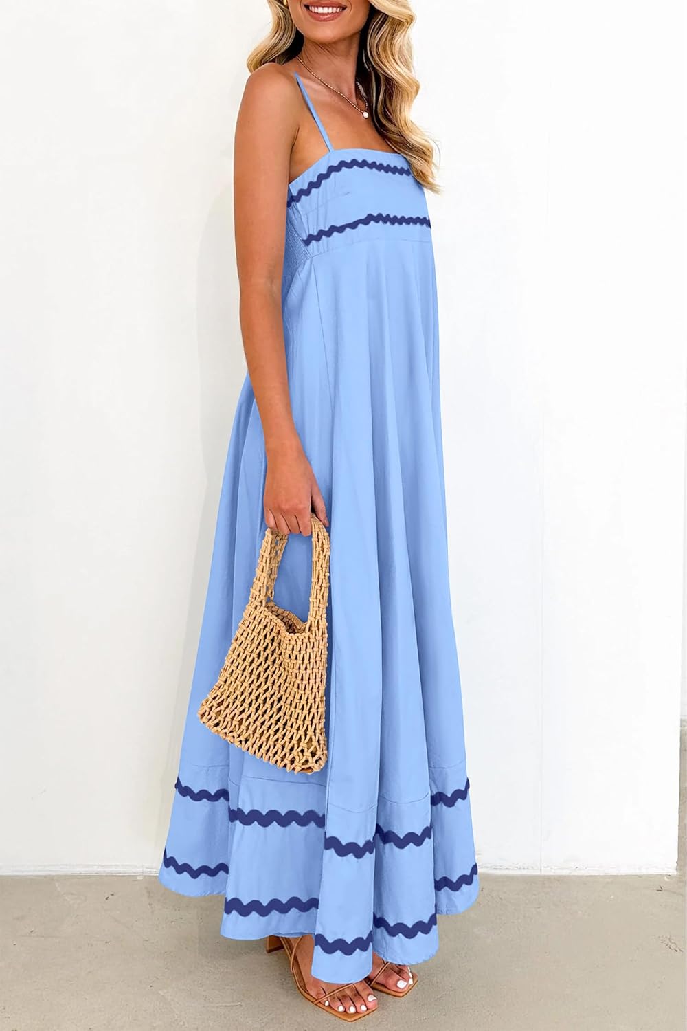 Luan Robe Maxi Femme Été – Robe Longue Bretelles Fines Col Carré, Volants & Coupe Fluide