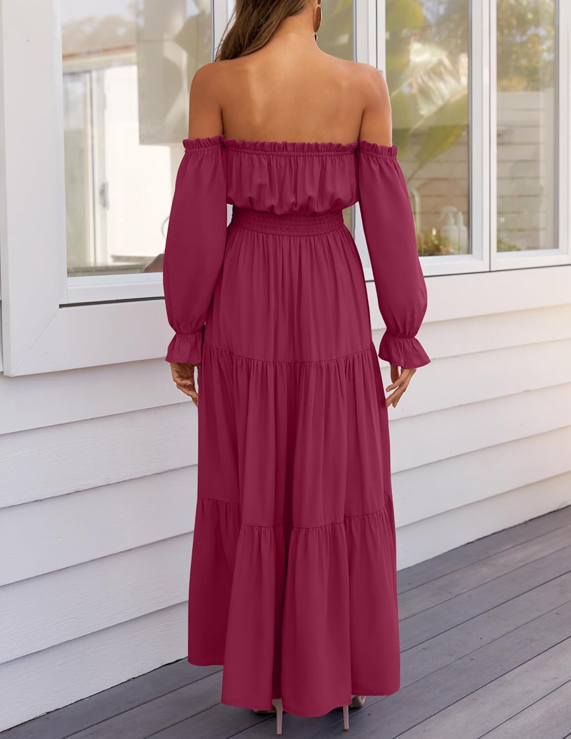 Sophie Vestito Maxi Donna – Vestito Bohemien Spalle Scoperte Spacco Vita Arricciata