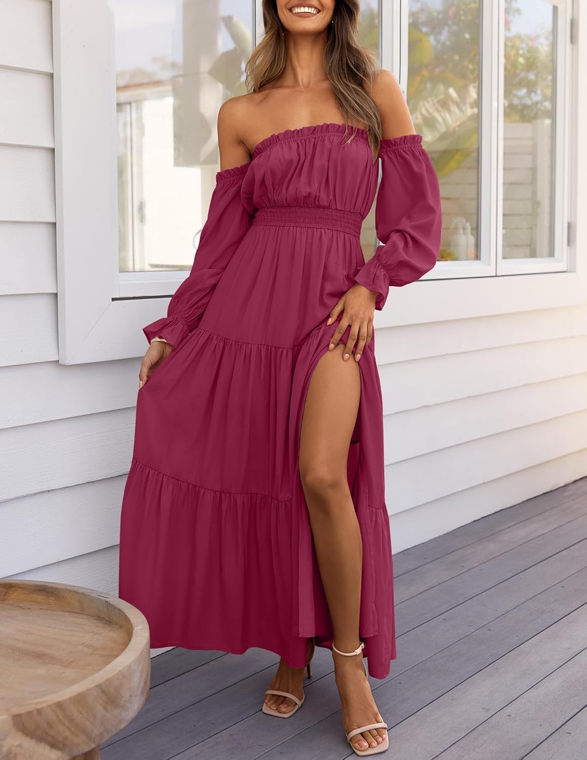 Sophie Vestito Maxi Donna – Vestito Bohemien Spalle Scoperte Spacco Vita Arricciata